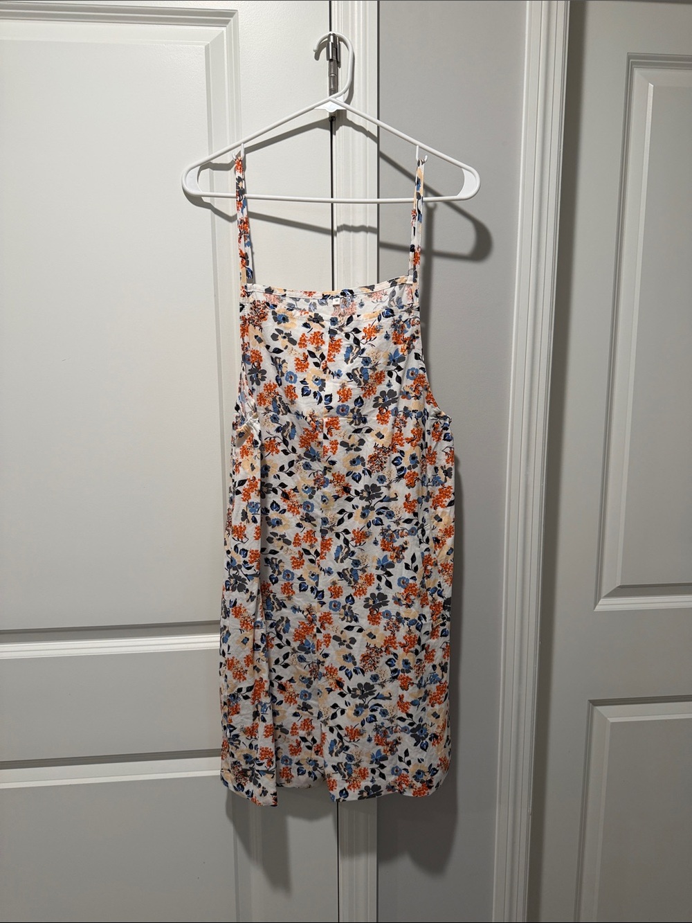 Womens Floral Spaghetti-Strap Dress in White with Orange & Blue Print